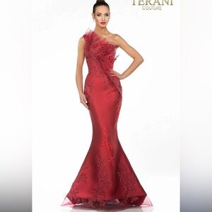 Terani Couture Dress One Shoulder Beaded Tulle Mermaid Gown in Red sz 16